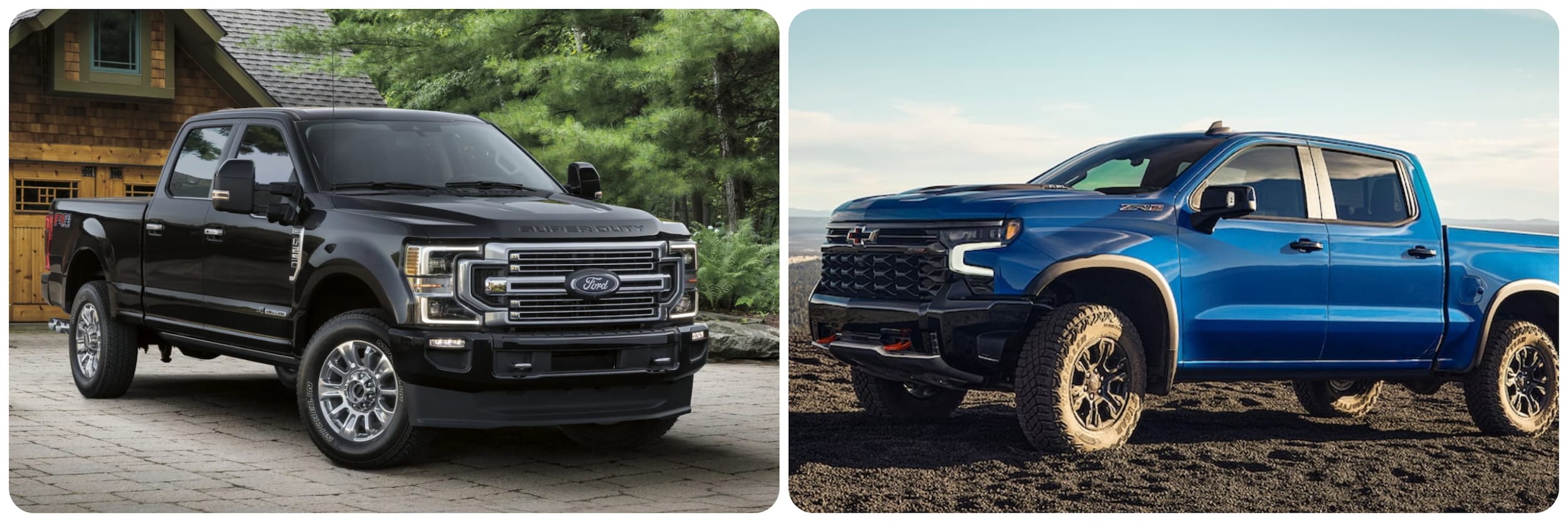 Ford-Super-Duty-Vs-Chevy-Silverado-4.jpg On the right a black 2022 Ford Super Duty sits parked on a brick driveway in front of a craftsman garage. On the right, a blue 2022 Chevy Silverado sits parked in a dirt field on a sunny day.