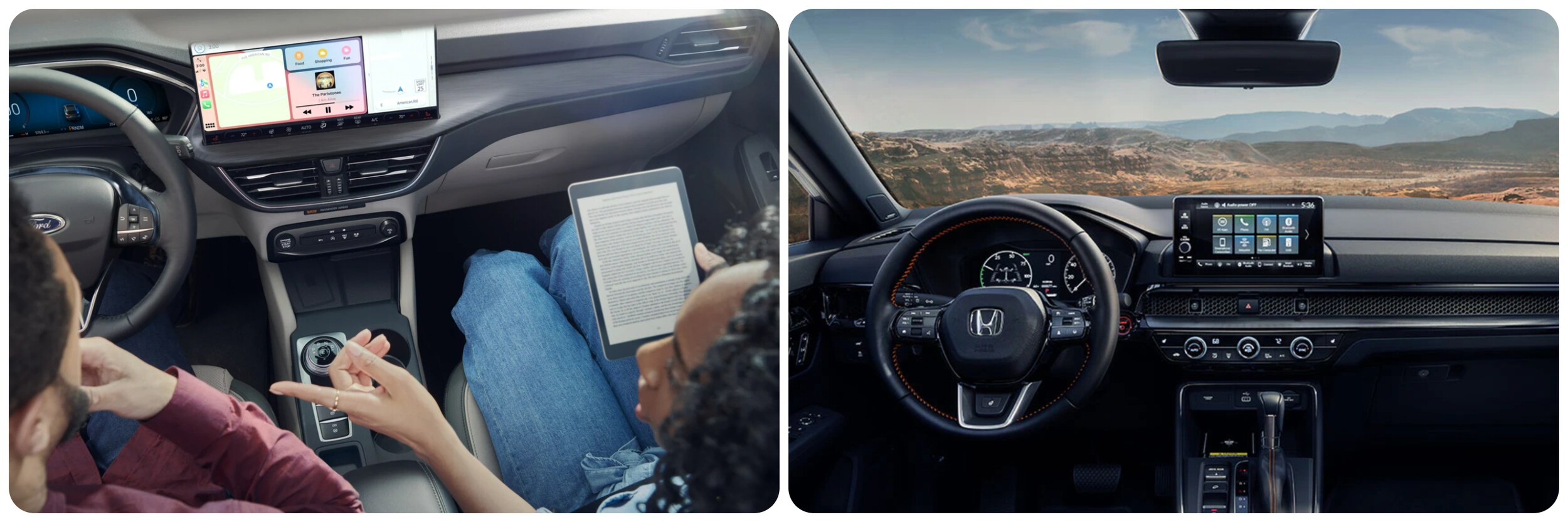 2023-ford-escape-vs-honda-crv-5.jpg On the left a view of the infotainment system and dash of a 2023 Ford Escape, on the right a view of the 2023 Honda CR-Vs