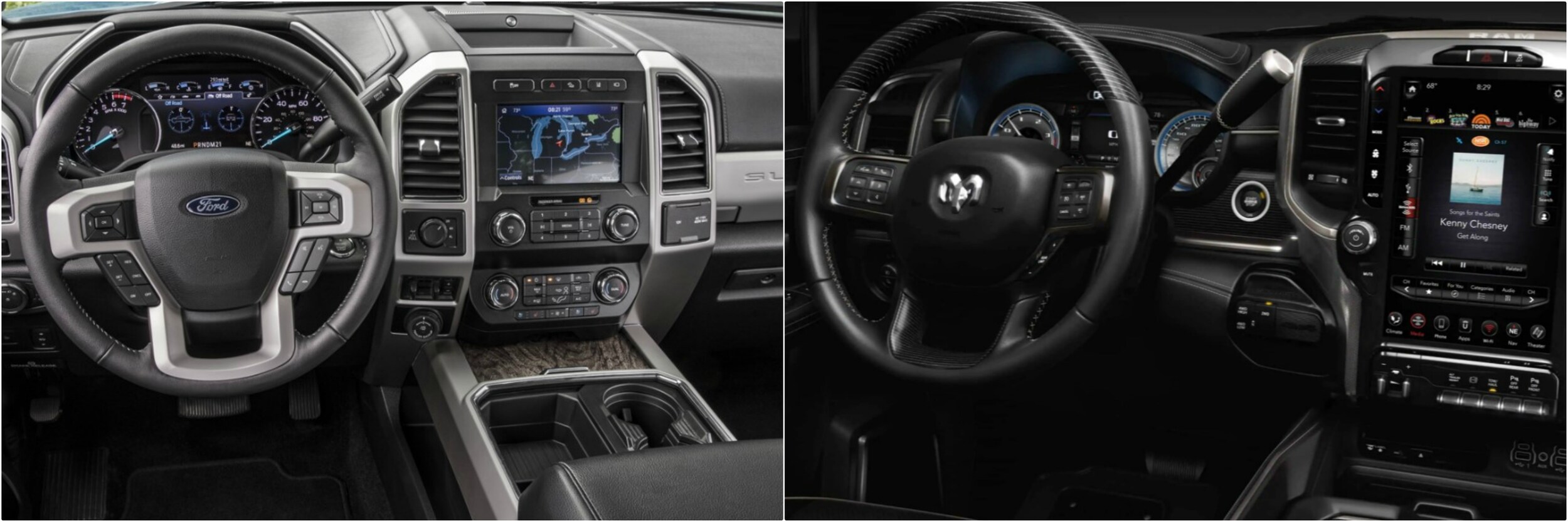 2020-ford-superduty-f250-vs-dodge-ram-2500.jpg interior dashboards of a regular cab Ford F250 vs. a RAM 2500