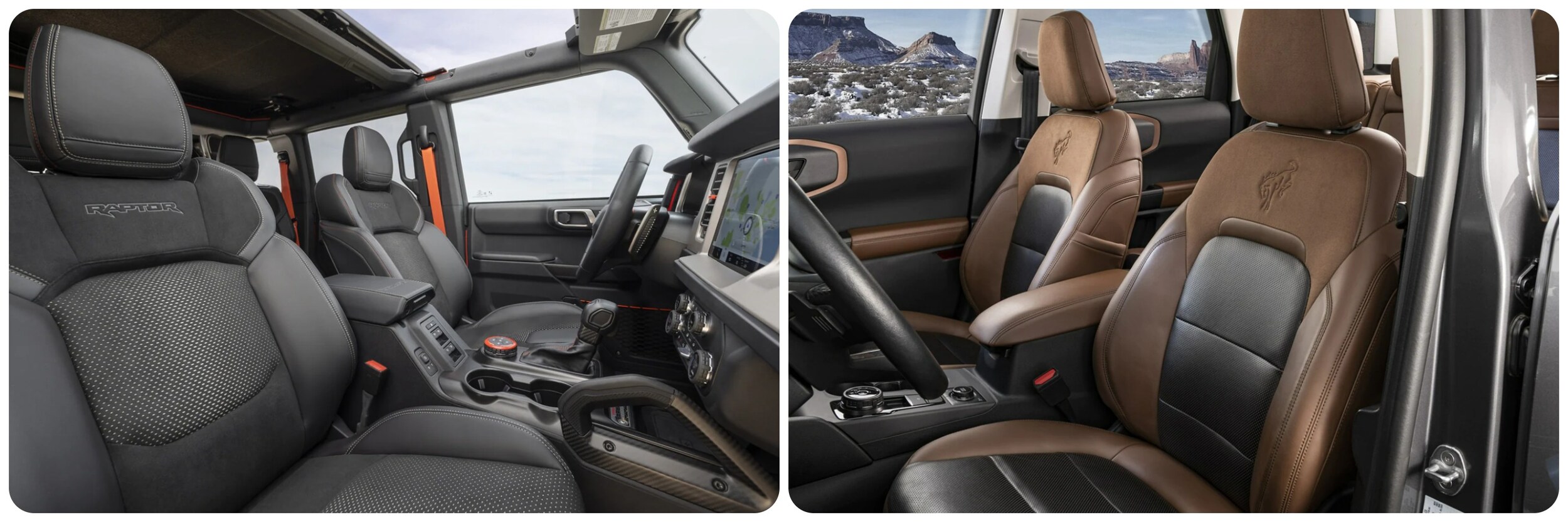 2023-ford-bronco-vs-ford-bronco-sport-2.jpg A view of the interior seating of the 2023 Ford Bronco on the left and the 2023 Ford Bronco Sport on the right