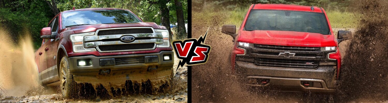 2019 Ford F-150 vs Chevy Silverado Phil Long Ford Motor City in Colorado Springs.png front exterior comparison of the 2019 Ford F150 vs 2019 Chevy Silverado