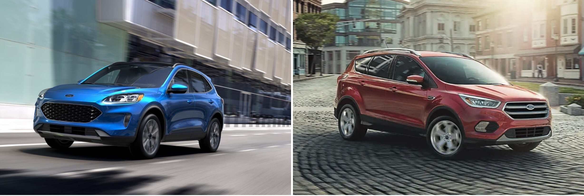 2020-vs-2019-ford-escape-phil-long-ford-motor-city-ford-dealership.jpg A blue 2020 Ford Escape driving next to a 2019 red Ford Escape