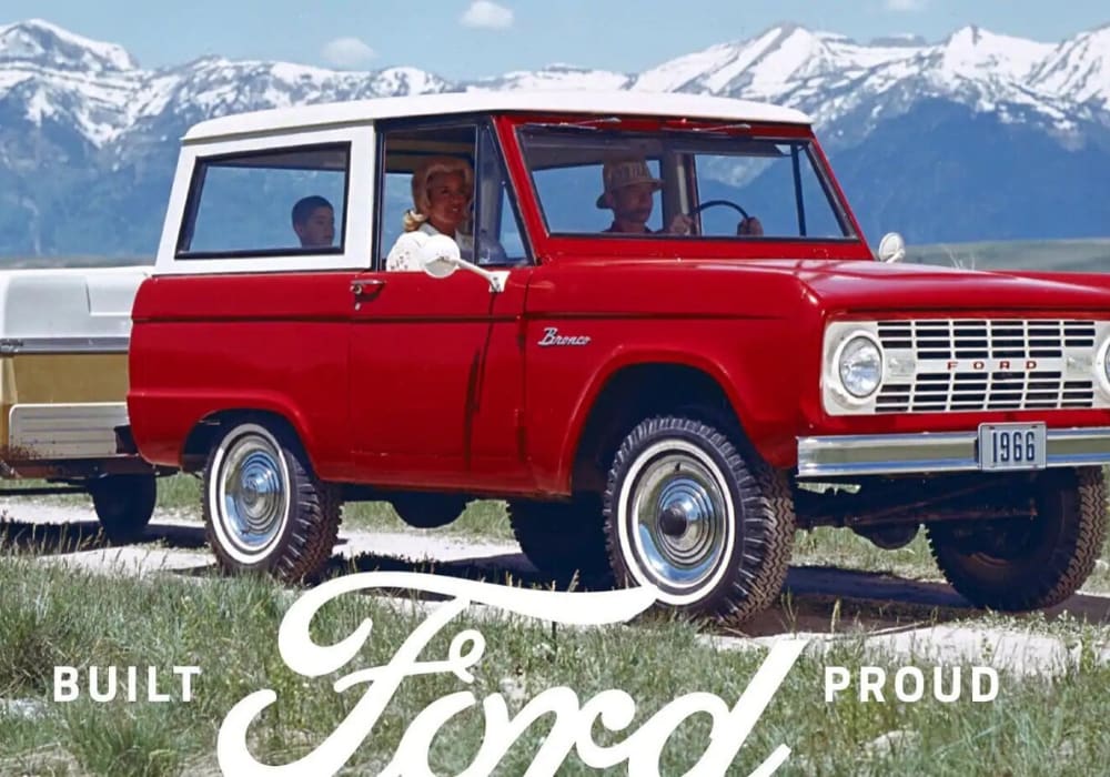 Ford Bronco Built Ford Proud.png Old promotional poster for the Ford Bronco saying Build Ford Proud
