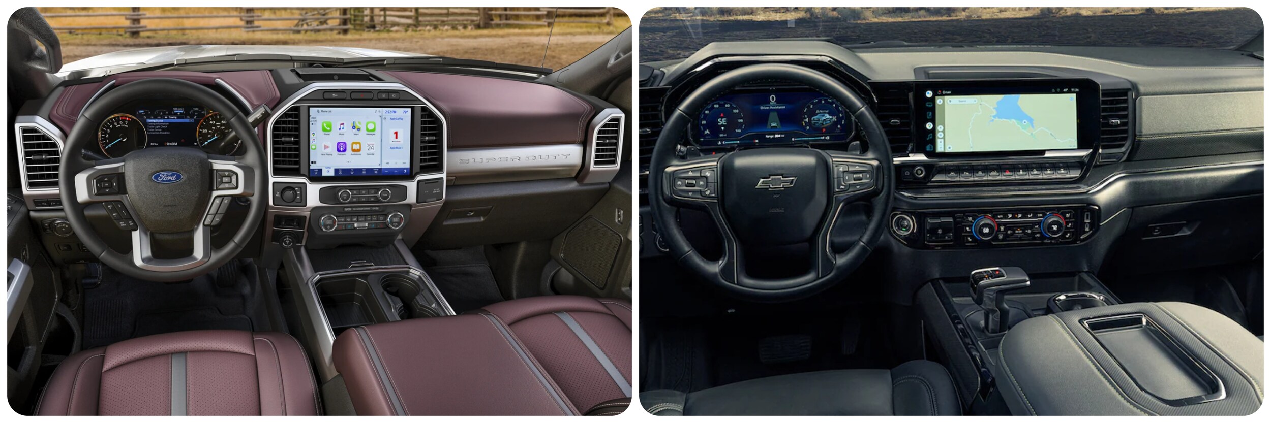 Ford-Super-Duty-Vs-Chevy-Silverado-1.jpg On the left, the interior and dash of a 2022 Ford Super Duty trimmed in wine leather with gray accents and an infotainment screen in the middle of the console. On the right, a view of an all black interior of 2022 Chevy Silverado with a digital dash and infotainment screen mounted in the middle of the dash.