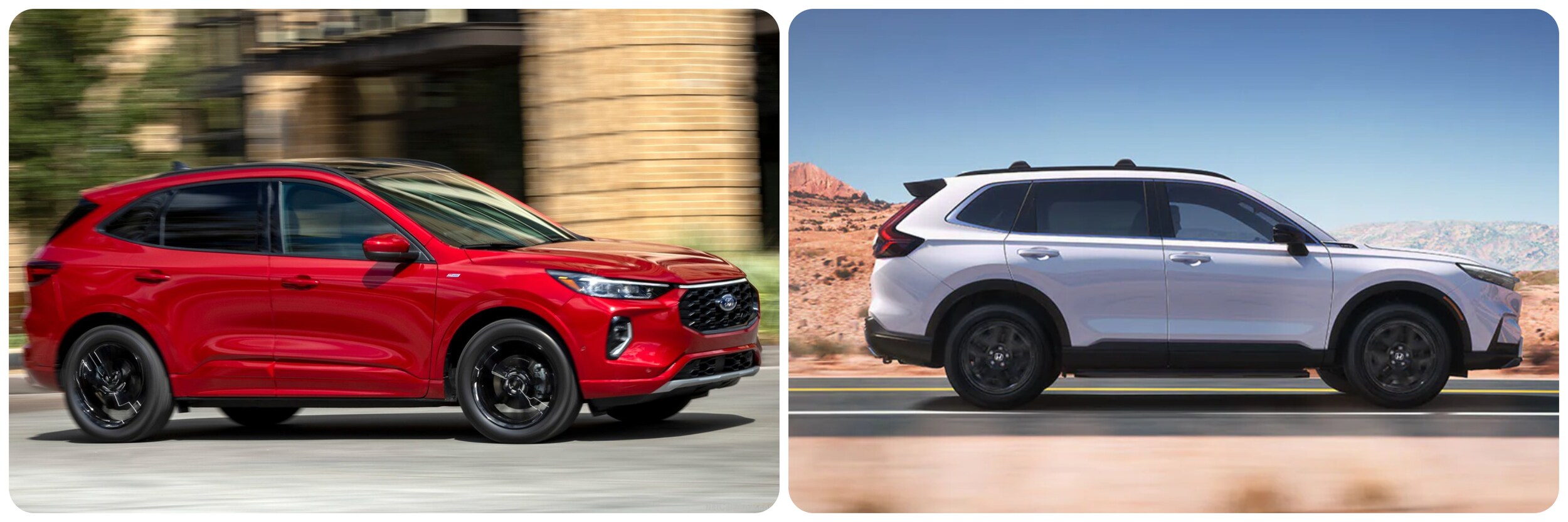 2023-ford-escape-vs-honda-crv-2.jpg On the left a profile view of a red 2023 Ford Escape, and on the right a profile view of a white 2023 Honda CR-V