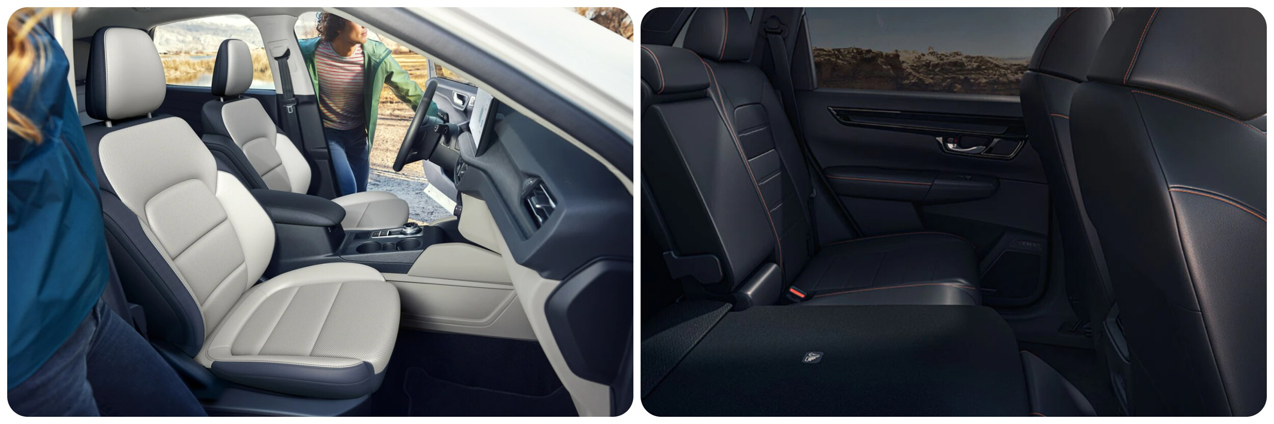 2023-ford-escape-vs-honda-crv-4.jpg On the left a view of the cabin and seating of a 2023 Ford Escape, on the right the cabin and seating of a 2023 Honda CR-V
