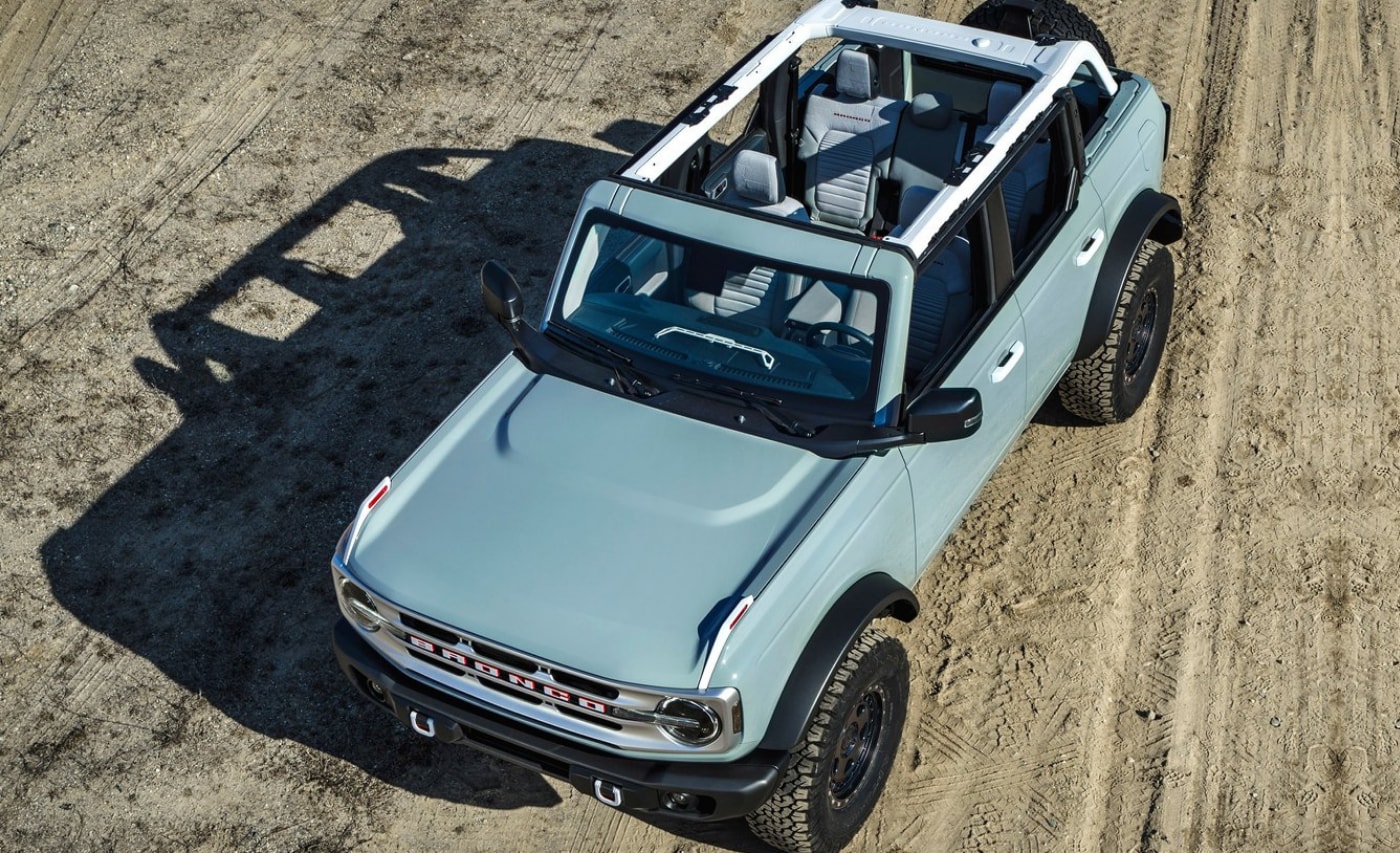 2021 Ford Bronco Badlands Exterior (2).png Exterior aerial view of a cactus gray 2021 Ford Bronco Badlands SUV