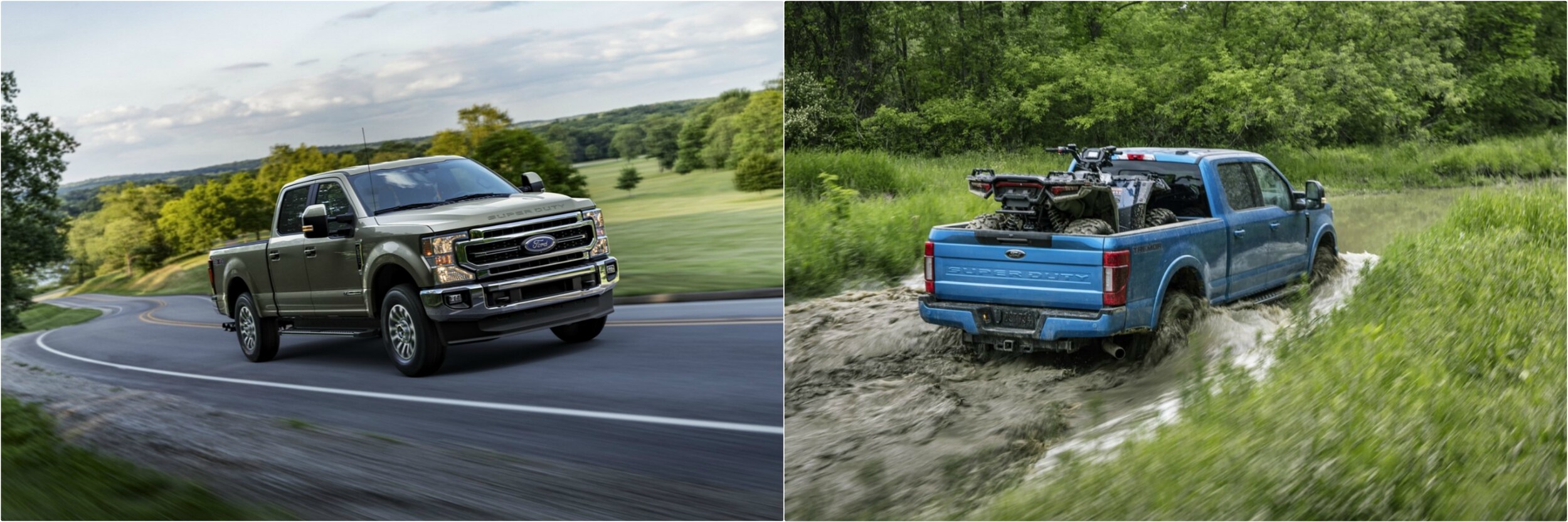 2021-vs-2020-ford-super-duty-driving-on-pavement-vs-through-water.jpg New Ford Super Duty Trucks driving on pavement and through water