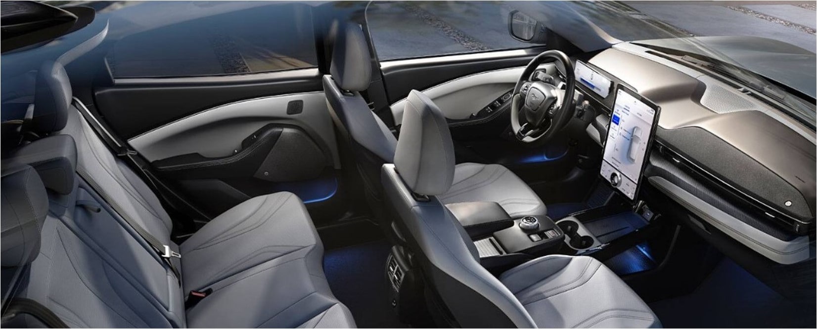2021-ford-mustang-mach-e-interior-seating-phil-long-ford-motor-city-colorado.jpg Interior light tan seating of a 2021 Mach-E