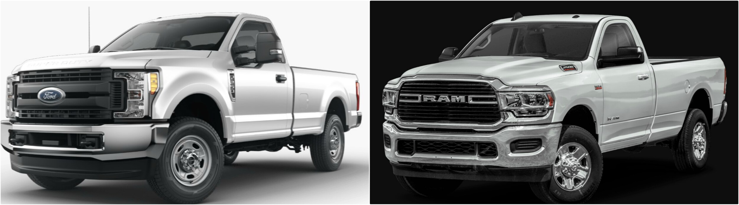 2020-ford-superduty-f250-vs-dodge-ram-2500-exterior.jpg a side-by-side comparison of a 2020 Ford F-250 Super Duty vs. a Dodge RAM 2500 regular cab