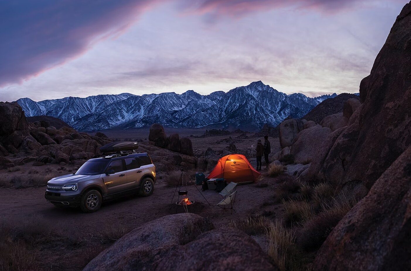 2023-bronco-sport-badland-1.PNG A 2023 Ford Bronco Sport Badlands Edition parked at a campsite