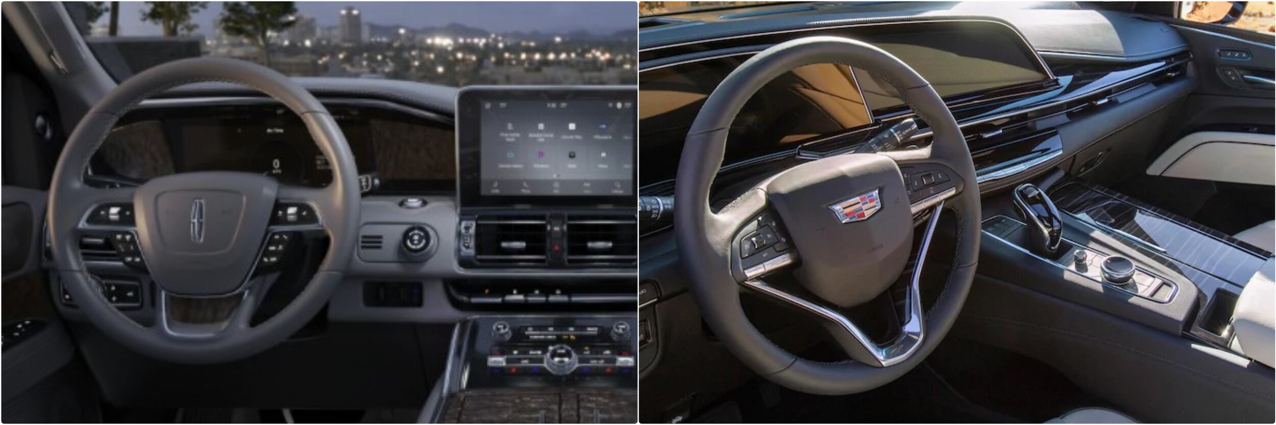 2021-lincoln-navigator-vs-2021-cadillac-escalade-03.jpg Interior dashboard comparison between a Lincoln Navigator and a Cadillac Escalade