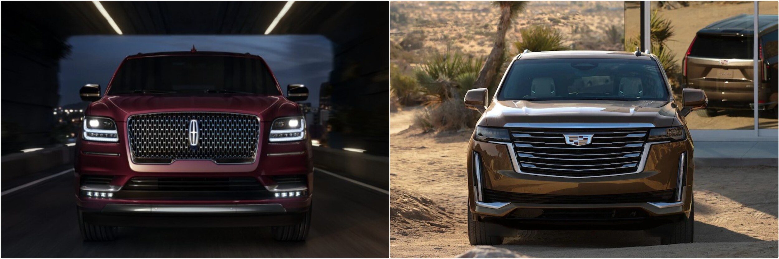 2021-lincoln-navigator-vs-2021-cadillac-escalade-04.jpg Front views of the all new Lincoln Navigator vs. Cadillac Escalade