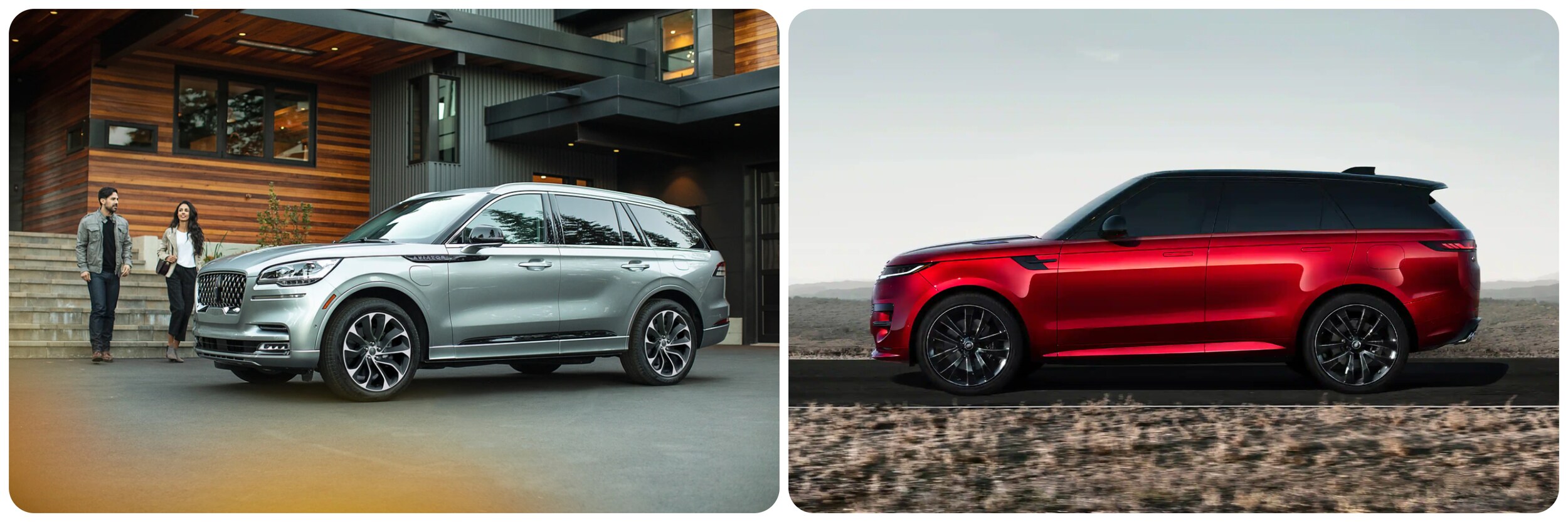 On the left a profile view of a silver 2023 Lincoln Aviator, on the right a profile view of a red 2023 Range Rover Sport