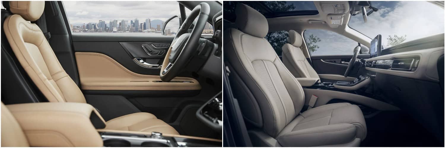 2022 Lincoln Corsair vs Nautilus Seating The tan leather seating of a 2022 Lincoln Corsair SUV with a city skyline visible out of the drivers side window, compared to the white leather seating of a 2022 Lincoln Nautilus SUV