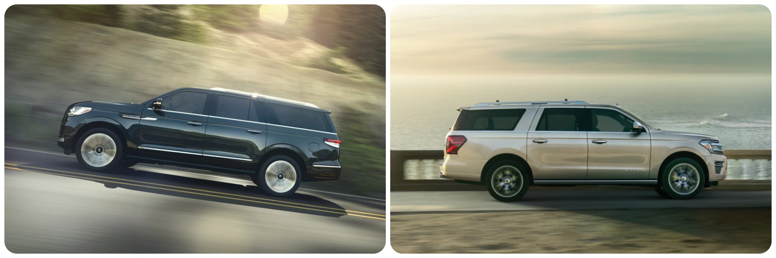 2022-Lincoln-Navigator-Vs-Ford-Expedition-3.jpg On the left a black 2022 Lincoln Navigator cruises up a hill on a highway past greenery with the sun in the background shining through the trees. On the right, a white 2022 Ford Expedition cruises along an oceanside highway.