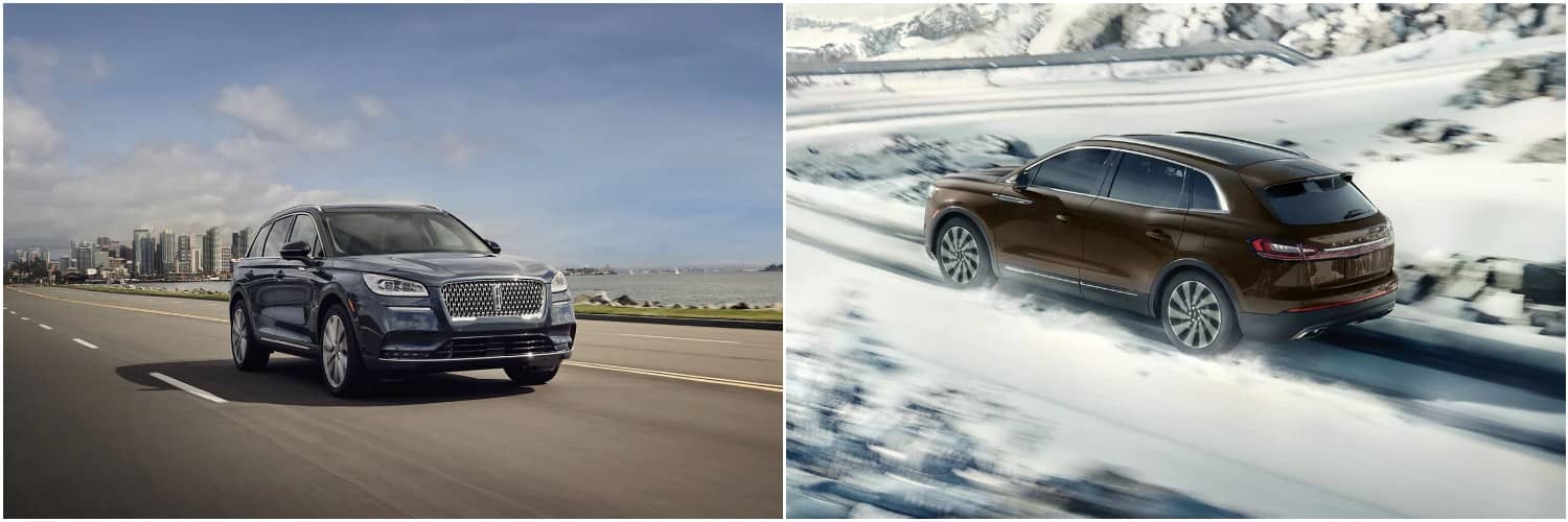 2022 Lincoln Corsair vs Nautilus Exterior A navy blue 2022 Lincoln Nautilus driving down a highway away from downtown, and a brown Lincoln Nautilus driving through the snow on a mountain road