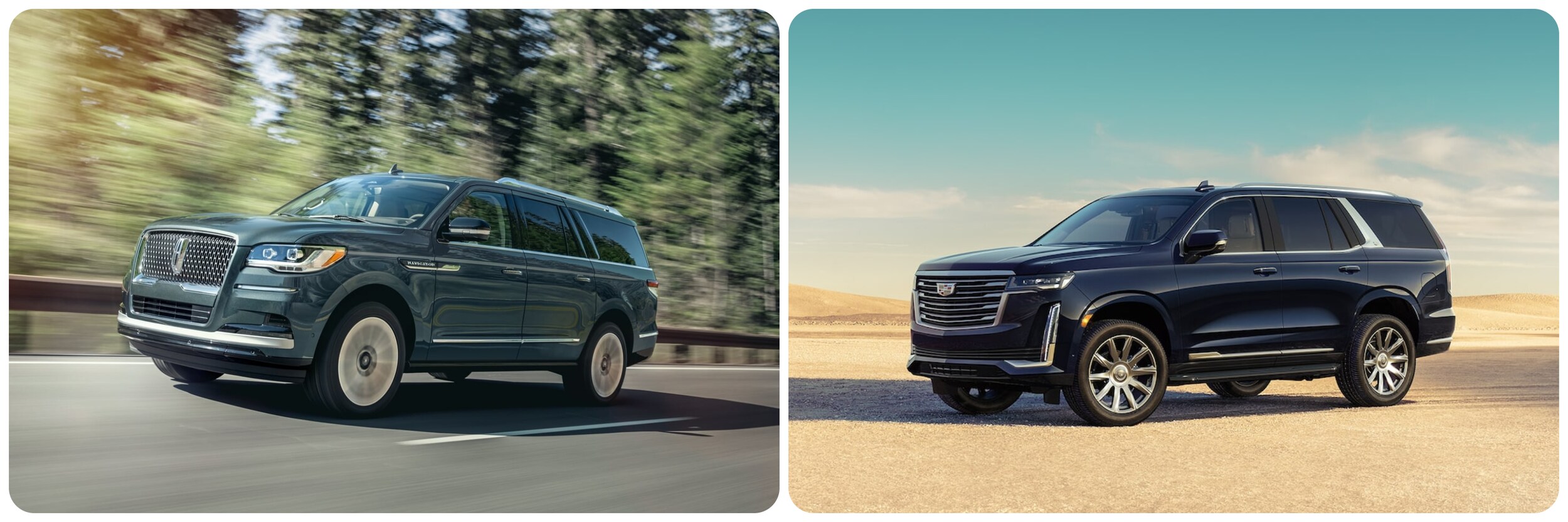 2023-lincoln-navigator-vs-cadillac-escalade-2.jpg On the left a dark gray 2023 Lincoln Navigator races along a country highway and on the right a black Cadillac Escalade sits parked in a desert
