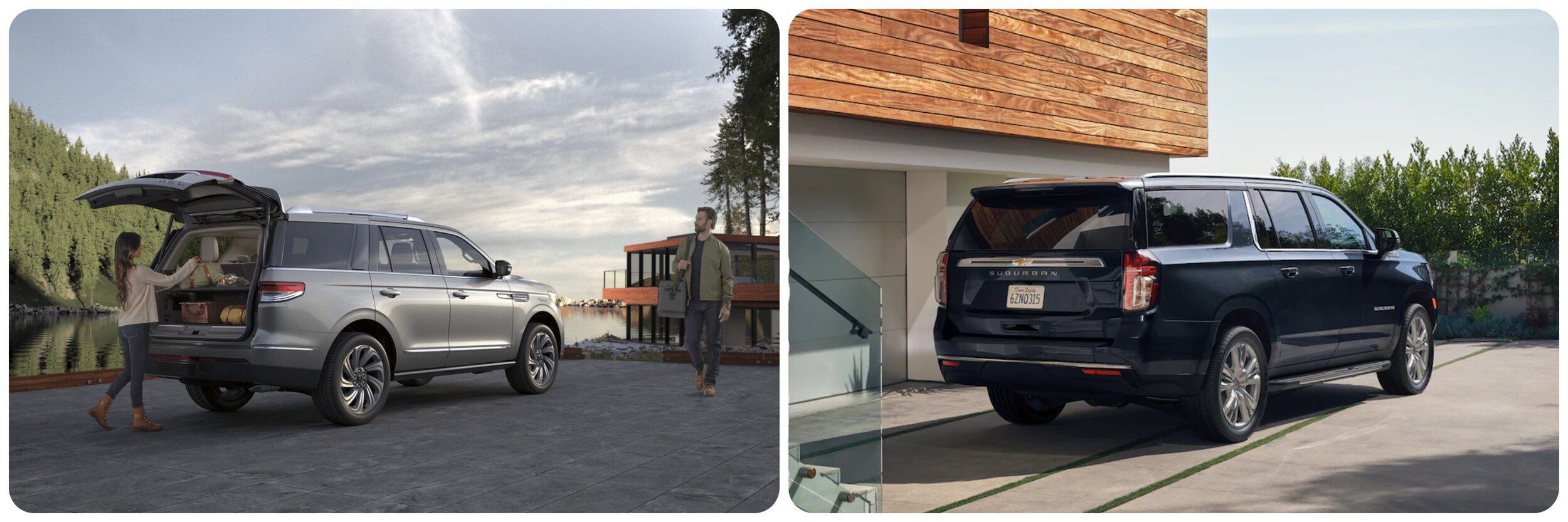 2023-lincoln-navigator-vs-chevy-suburban-1.jpg On the left, a silver 2023 Lincoln Navigator is parked and a woman is loading the cargo hold. On the right a black 2023 Chevy Suburban sits parked