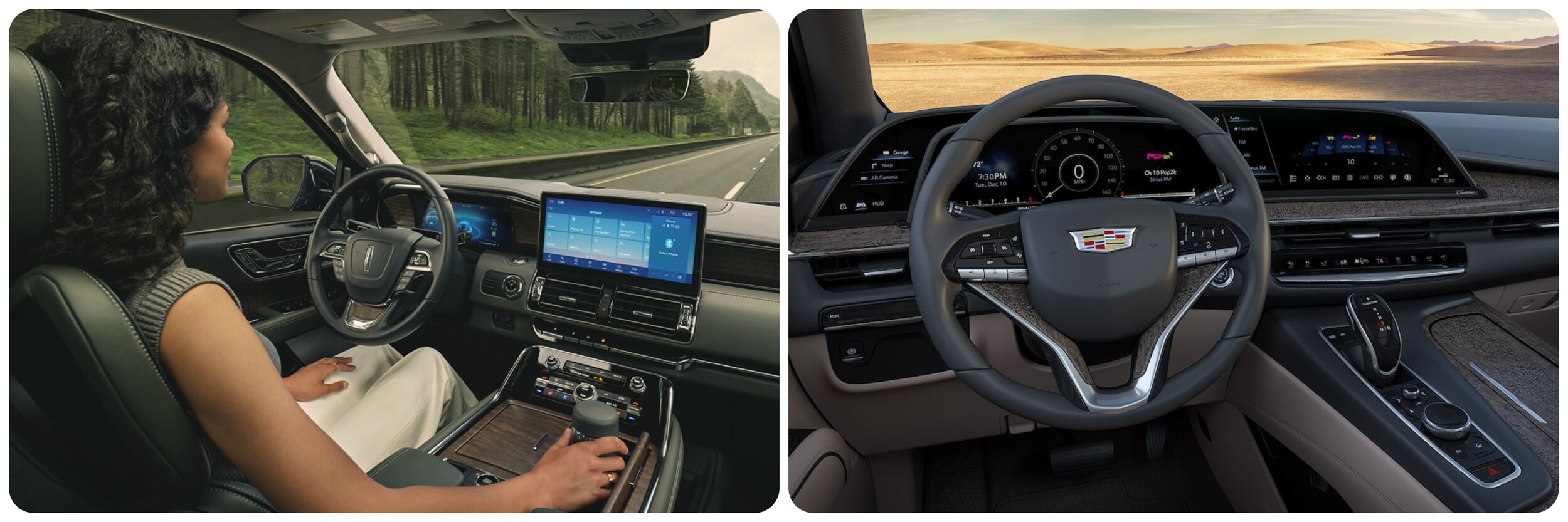 2023-lincoln-navigator-vs-cadillac-escalade-4.jpg On the left a view of a woman sitting in the driver's seat and using the infotainment system of a 2023 Lincoln Navigator and on the right the dash of a 2023 Cadillac Escalade