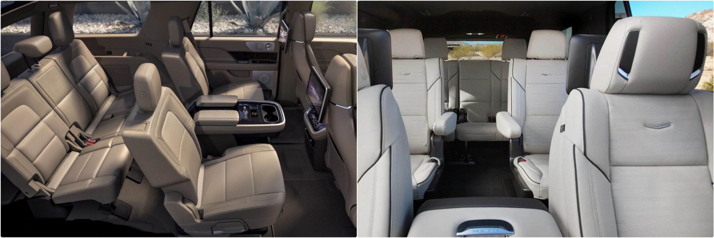 2021-lincoln-navigator-vs-2021-cadillac-escalade.jpg Interior seating comparison between a 2021 Lincoln Navigator and a 20201 Cadillac Escalade