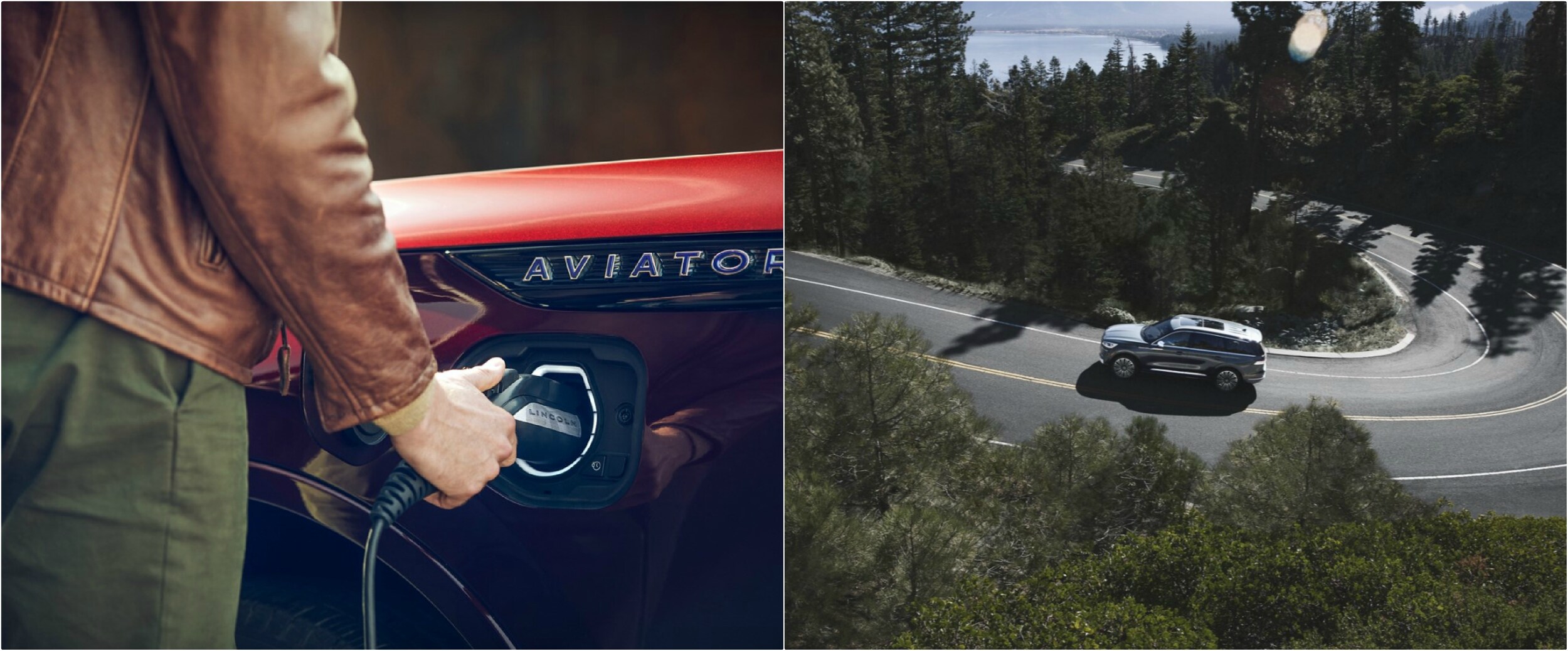 2020-lincoln-aviator-engine-mpg.jpg zoomed view of a man charging the new Lincoln Aviator and a zoomed out view of one driving on a winding road in the forest