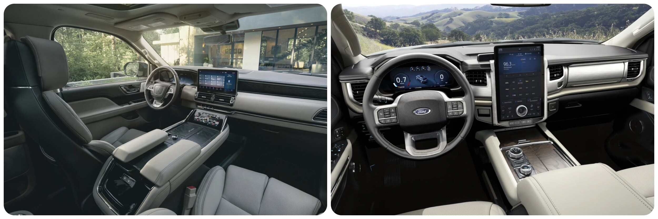2022-Lincoln-Navigator-Vs-Ford-Expedition-4.jpg On the left, a view of the dash and front seats of a 2022 Lincoln Navigator
upholstered in gray lether and with a wide center console and
infotainment screen mounted on the dash. On the right, a view of the portrait-oriented touchscreen interface mounted on the dash of a cream interior and digital dashboard of a 2022 Ford Expedition.