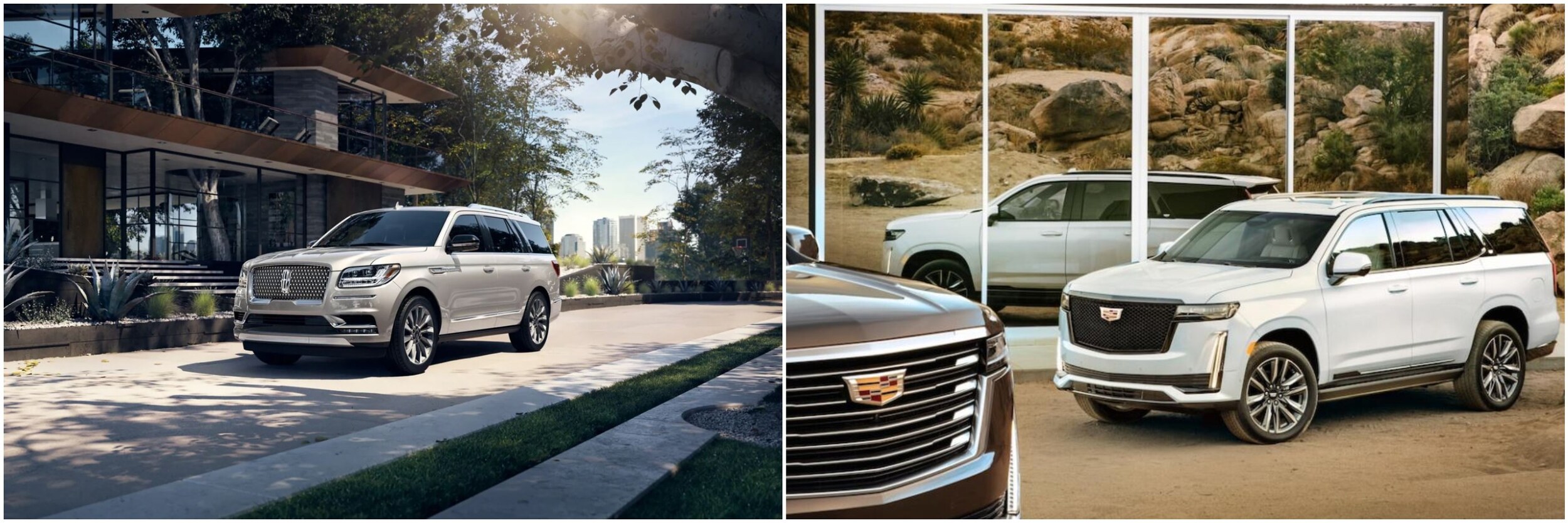 2022 Navigator vs Escalade Exterior 2022 Lincoln Navigator parked on the street in front of a house and two Cadillac Escalades parked on a dirt road outside of a building