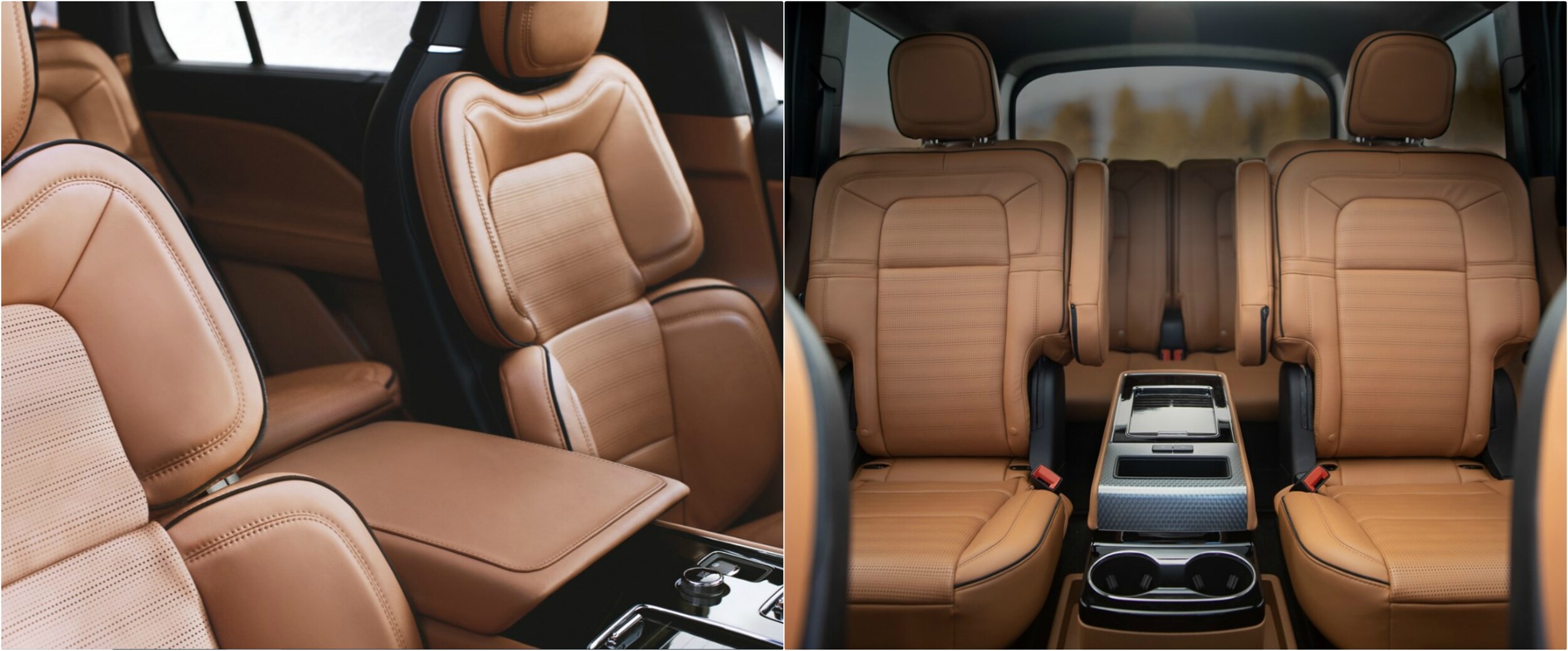 2020-lincoln-aviator-interior-seating.jpg two views of the tan interior seating in a Lincoln Aviator Black Label