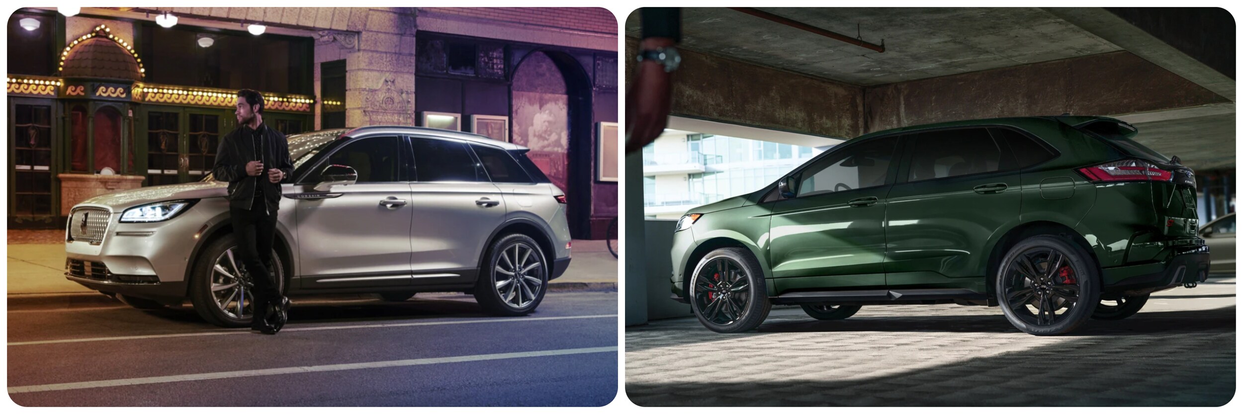 Lincoln-Nautilus-Vs-Ford-Edge-4.jpg On the left, a silver 2022 Lincoln Nautilus sits parked in front of a theater as a man leans against the front. On the right, a green 2022 Ford Edge sits parked in a covered parking garage.
