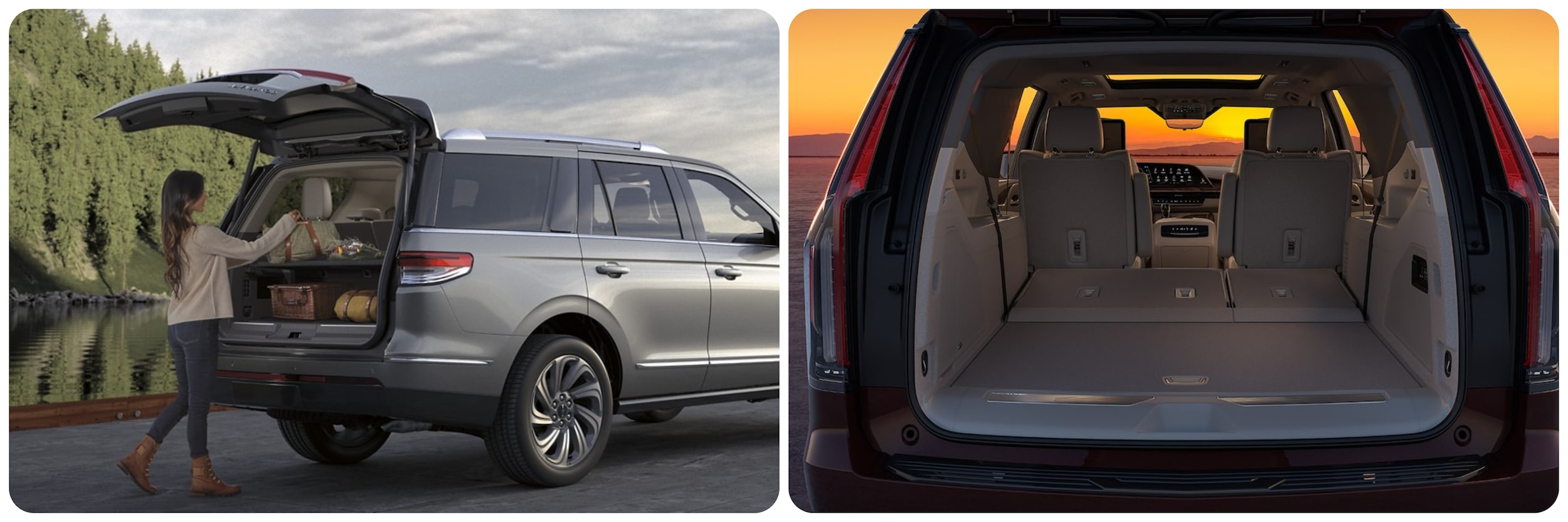 2023-lincoln-navigator-vs-cadillac-escalade-3.jpg On the left a woman loads the back of her gray 2023 Lincoln Navigator with luggage and on the right a view of the 2023 Cadillac Escalade rear storage with the seats folded down