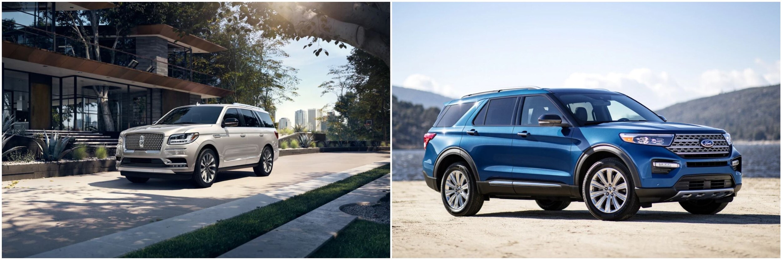 2022 Navigator vs 2022 Ford Explorer Exterior 2022 Lincoln Navigator parked outside a house and a blue 2022 Ford Explorer parked