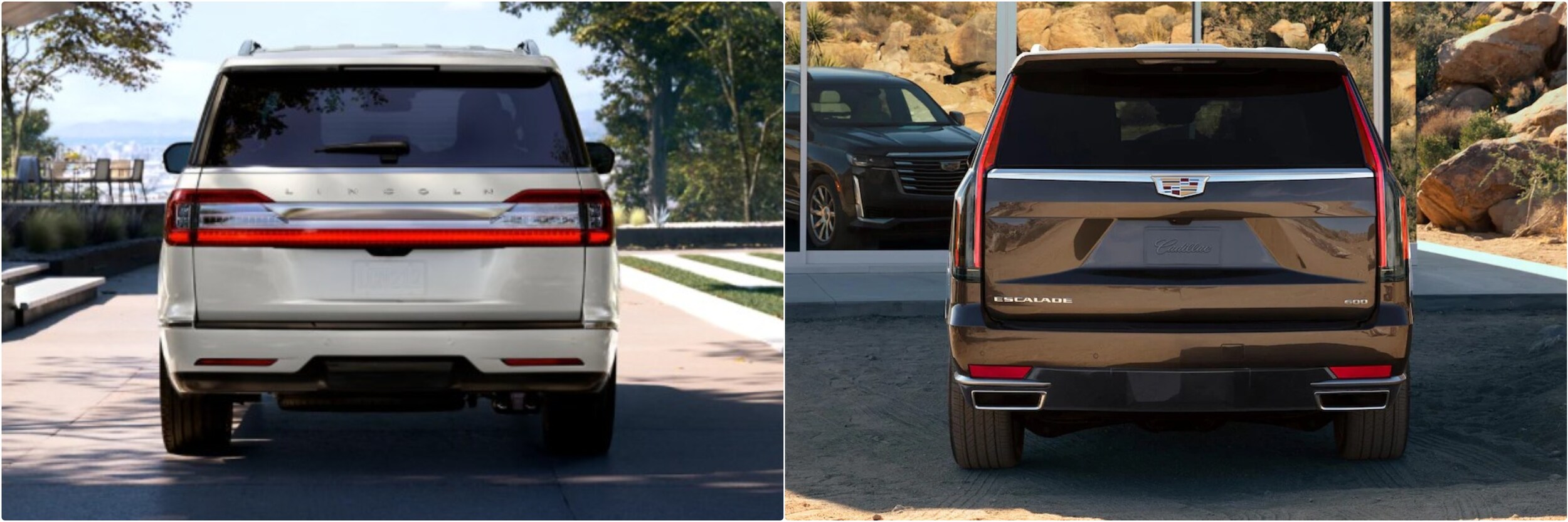 2021-lincoln-navigator-vs-2021-cadillac-escalade-01.jpg Back view of a new Lincoln Navigator vs. a Cadillac Escalade