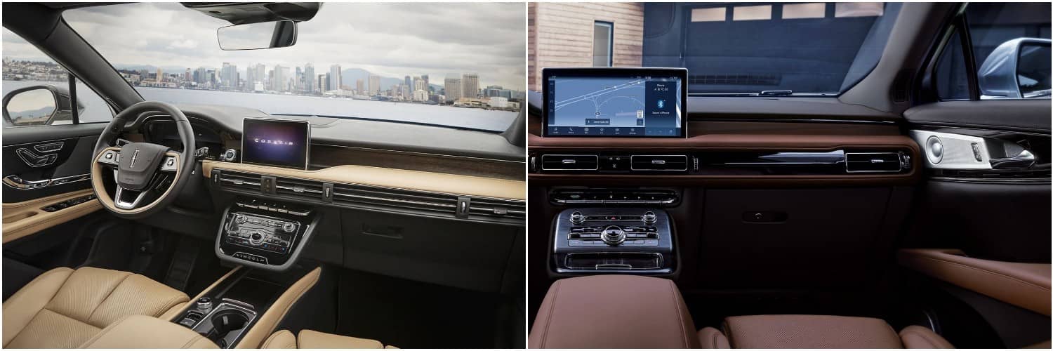 2022 Lincoln Corsair vs Nautilus Dash 2022 Lincoln Corsair dashboard and controls with a city skyline visible out of the windshield, compared to the dashboard and controls of a 2022 Lincoln Nautilus parked outside a house