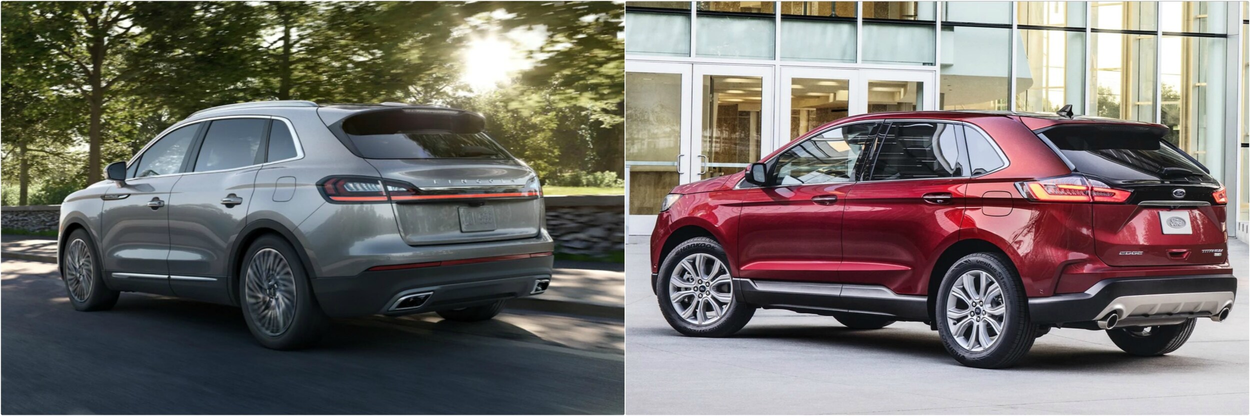 2021-lincoln-nautilus-vs-ford-edge-05.jpg Back view of a 2021 Lincoln Nautilus compared to a Ford Edge