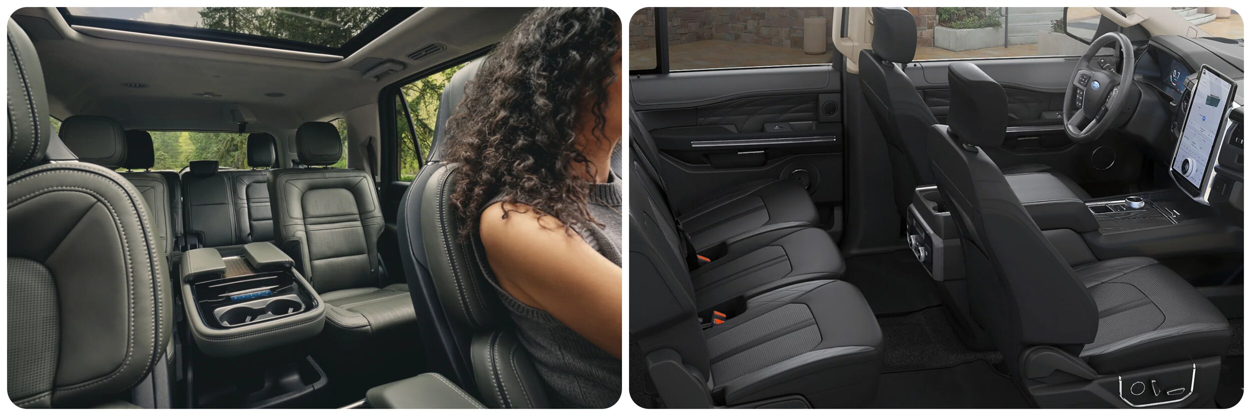 2022-Lincoln-Navigator-Vs-Ford-Expedition-5.jpg On the left a view of the interior cabin from the dash of a 2022 Lincoln
Navigator showing an all dark gray leather upholstered seating and light
gray headliner. On the right a view of the seating in dark gray upholstery and large dash infotainment screen on the dash of the 2022 Ford Expedition