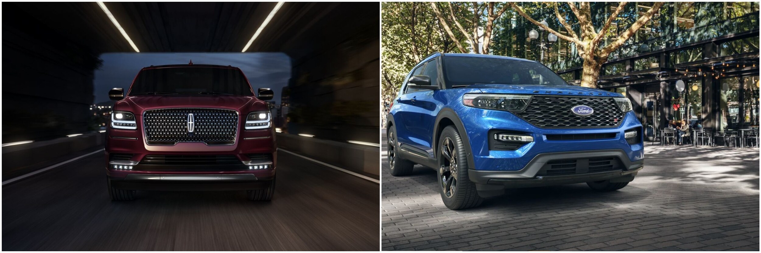 2022 Navigator vs 2022 Explorer Burgundy 2022 Lincoln Navigator driving through a tunnel and a blue 2022 Ford Explorer parked outside a cafe