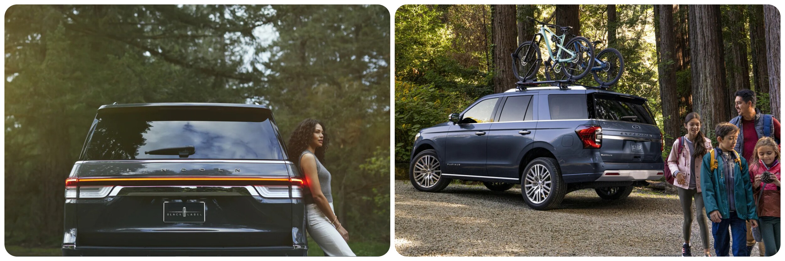 2022-Lincoln-Navigator-Vs-Ford-Expedition-2.jpg On he left a view of the back of a 2022 Lincoln Navigator in black parked in front of a forest with a woman leaning on the passenger side. On the right a 2022 Ford Explorer in a slate blue sit parked in a forest on a gravel lot while a family with backpacks walks away