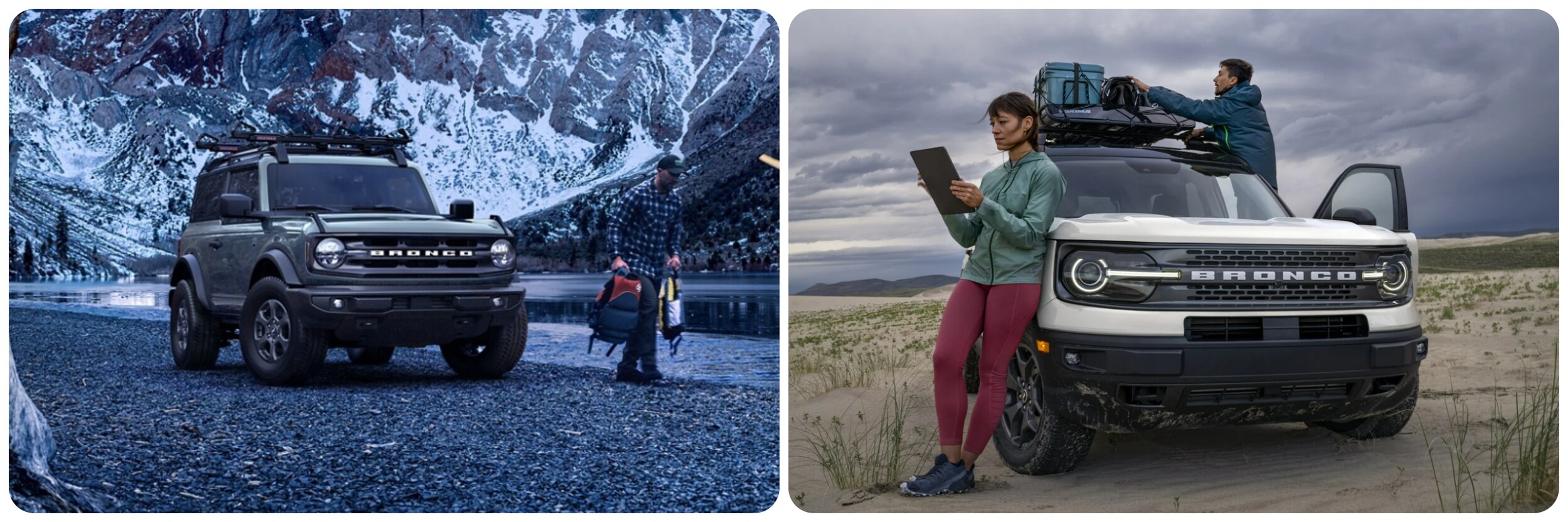 2023-ford-bronco-vs-bronco-sport-5.jpg On the left a 2023 Ford Bronco in gray sits parked on a rocky shore of a mountain lake. On the right a view of a white 2023 Ford Bronco Sport parked on a beach as a woman leans on the side and a man loads gear on top.