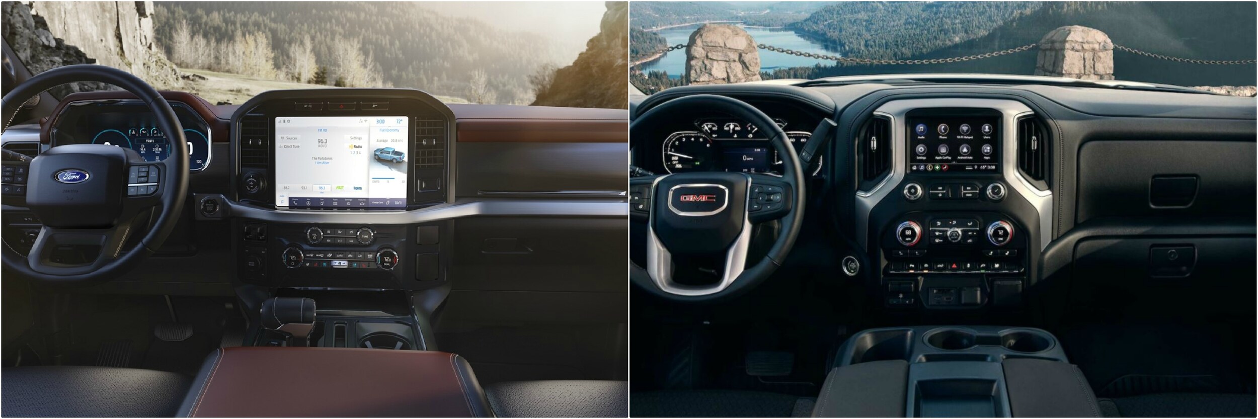 2021-ford-f150-vs-gmc-sierra-1500-interior-dashboard.jpg Interior dashboard comparison of the new Ford F-150 next to the GMC Sierra 1500