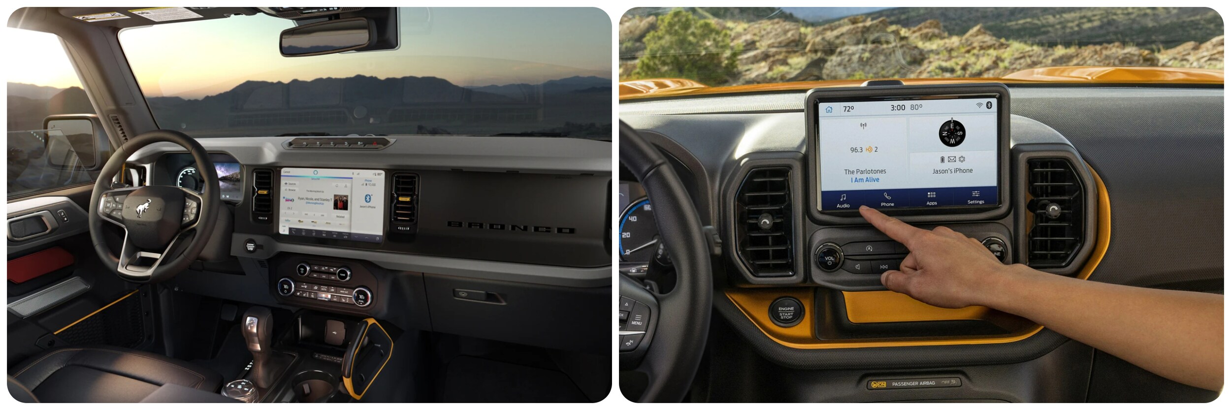 2023-ford-bronco-vs-bronco-sport-4.jpg On the left a view of the dash of a 2023 Ford Bronco and on the right a close-up of someone's hand on the infotainment system in the dash of the 2023 Ford Bronco Sport
