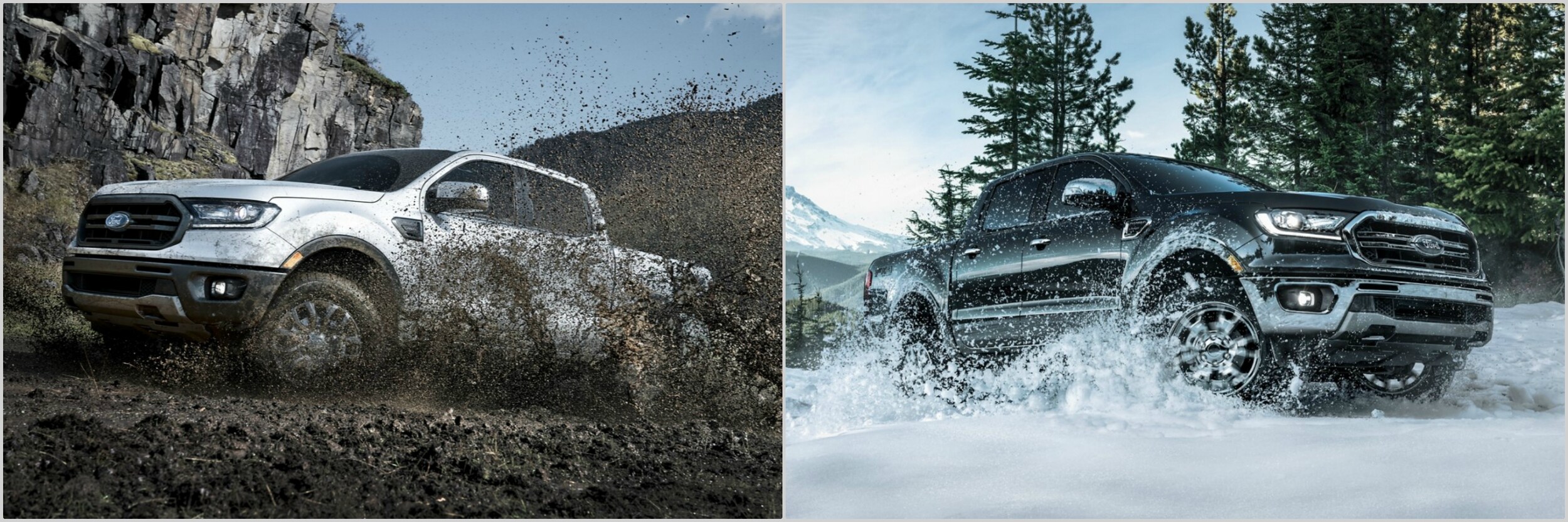 2021-vs-2020-ford-ranger.jpg a 2021 Ford Ranger driving through thick mud next to a 2020 Ford Ranger driving through snow