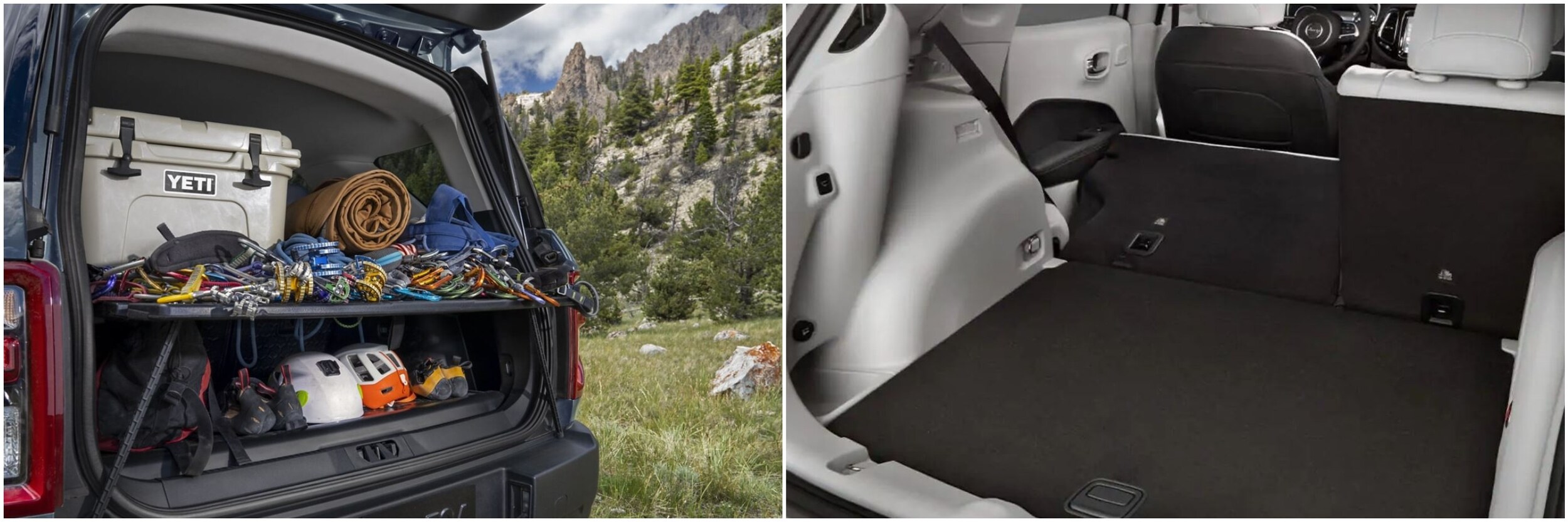 2022 Ford Bronco Sport vs Jeep Compass Storage Storage space of the 2021 Ford Bronco Sport filled up with climbing equipment and the storage space of the Jeep Compass