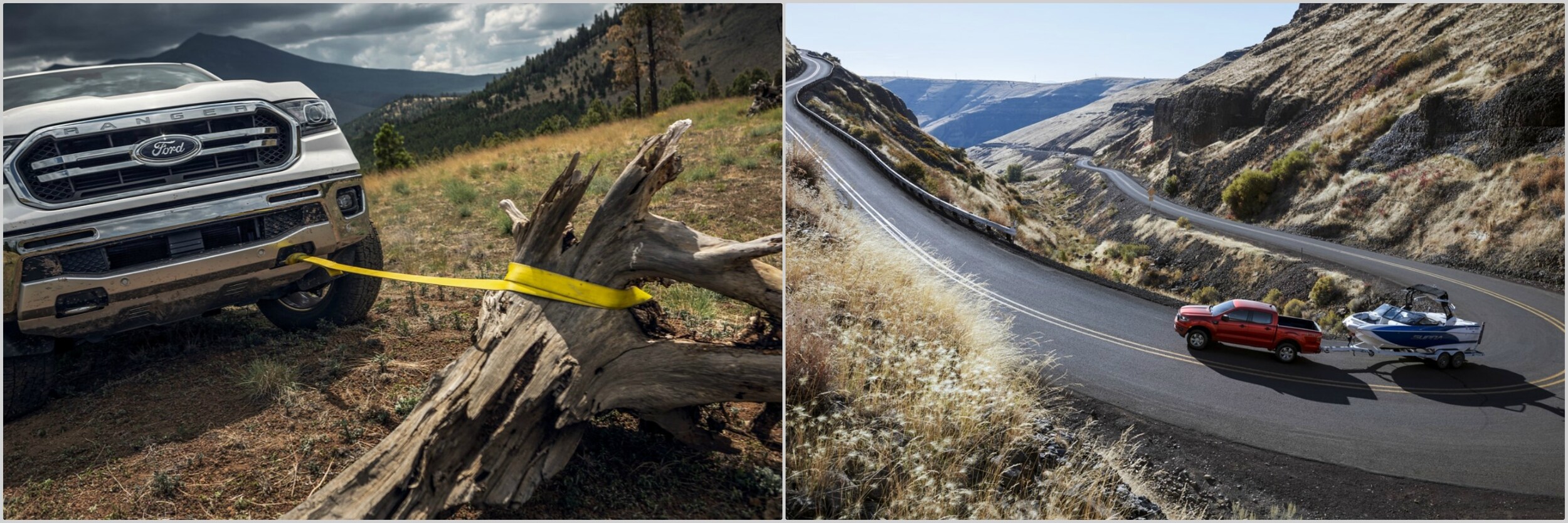 2021-vs-2020-ford-ranger-towing-capacity.jpg a 2021 Ford Ranger pulling a tree stump in the middle of the mountains and a 2020 Ford Ranger towing a boat on a winding road