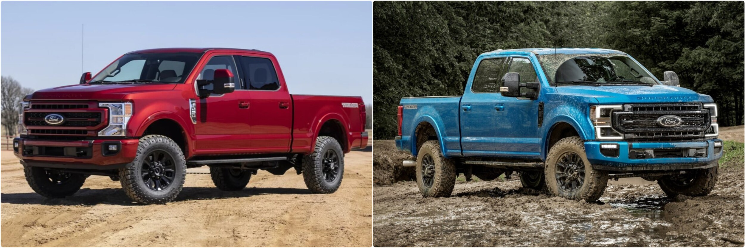 2022-ford-super-duty-vs-2021-ford-super-duty-03.jpg 2022 vs. 2021 Ford Super Duty trucks side-by-side comparison of a red and blue truck