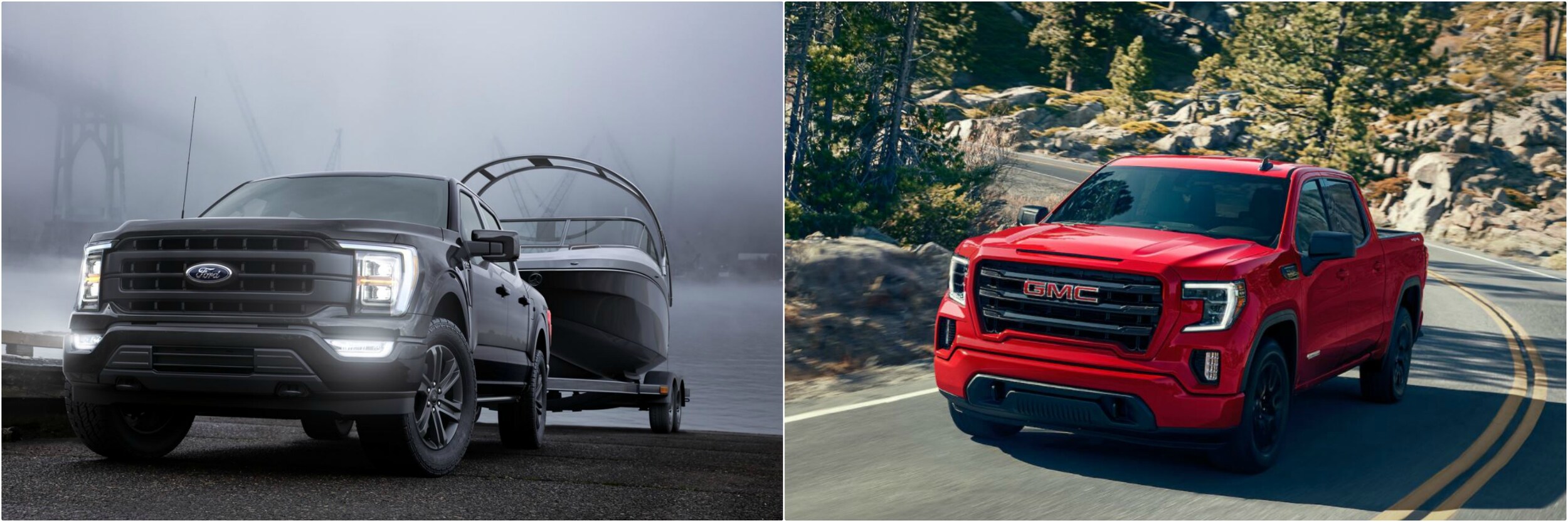 2021-ford-f150-vs-gmc-sierra-1500-exterior.jpg A new Ford F-150 towing a boat next to a red GMC Sierra 1500 driving on a scenic road