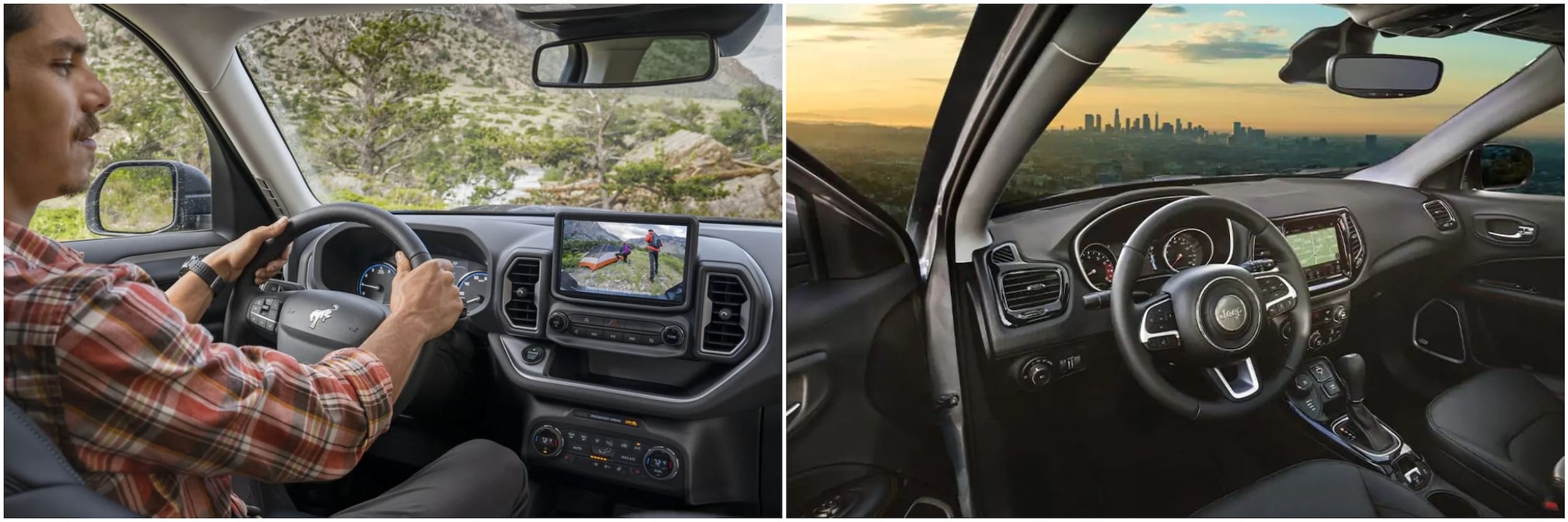 2022 Ford Bronco Sport vs Jeep Compass Interior Guy sits in the driver seat of the 2021 Ford Bronco Sport using the backup camera, and the Jeep Compass driver side dashboard with city skyline in the background