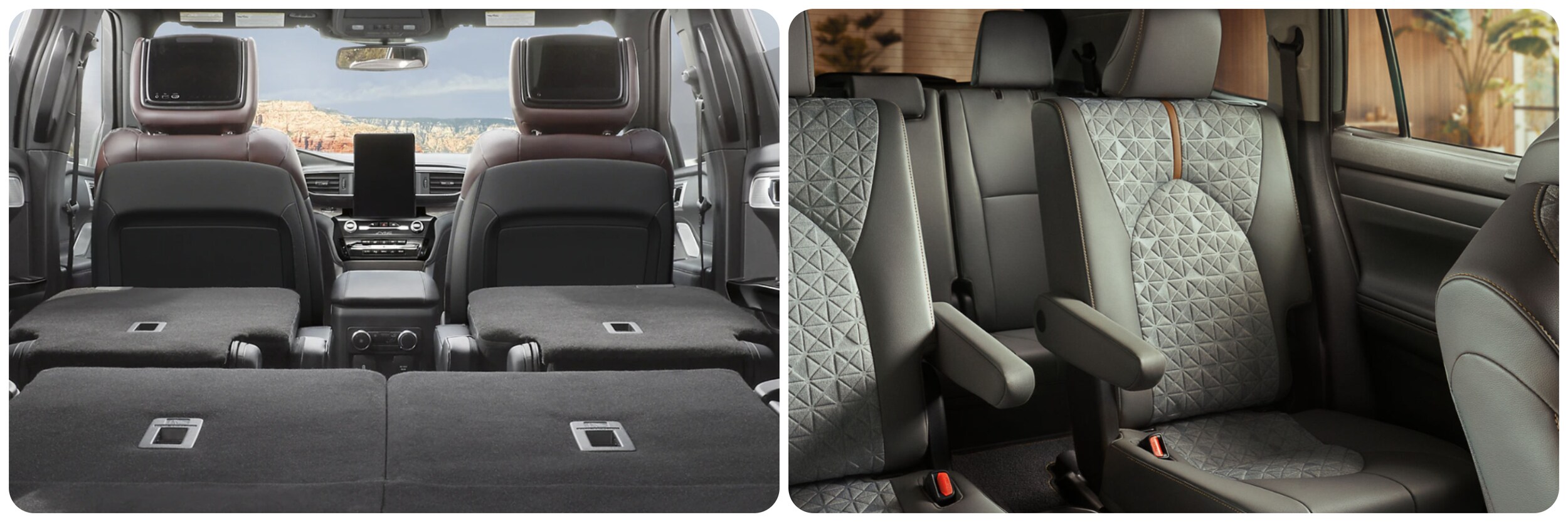 2023-Ford-Explorer-vs-toyota-highlander-3.jpg A view of the seating and cabin of the 2023 Ford Explorer on the left, and the 2023 Toyota Highlander on the right