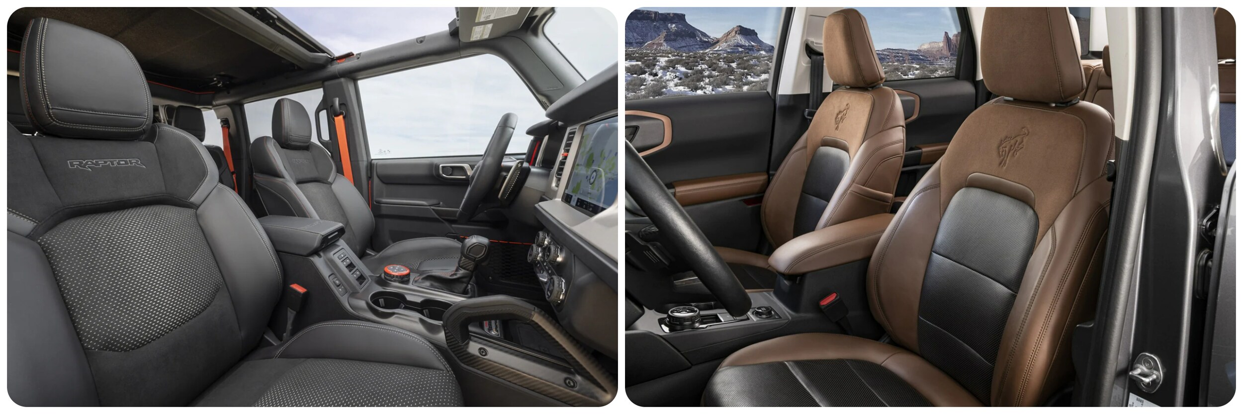 2023-ford-bronco-vs-bronco-sport-3.jpg On the right a view of the interior seating of a 2023 Ford Bronco. On the right a view of the interior and seating of a 2023 Ford Bronco Sport.