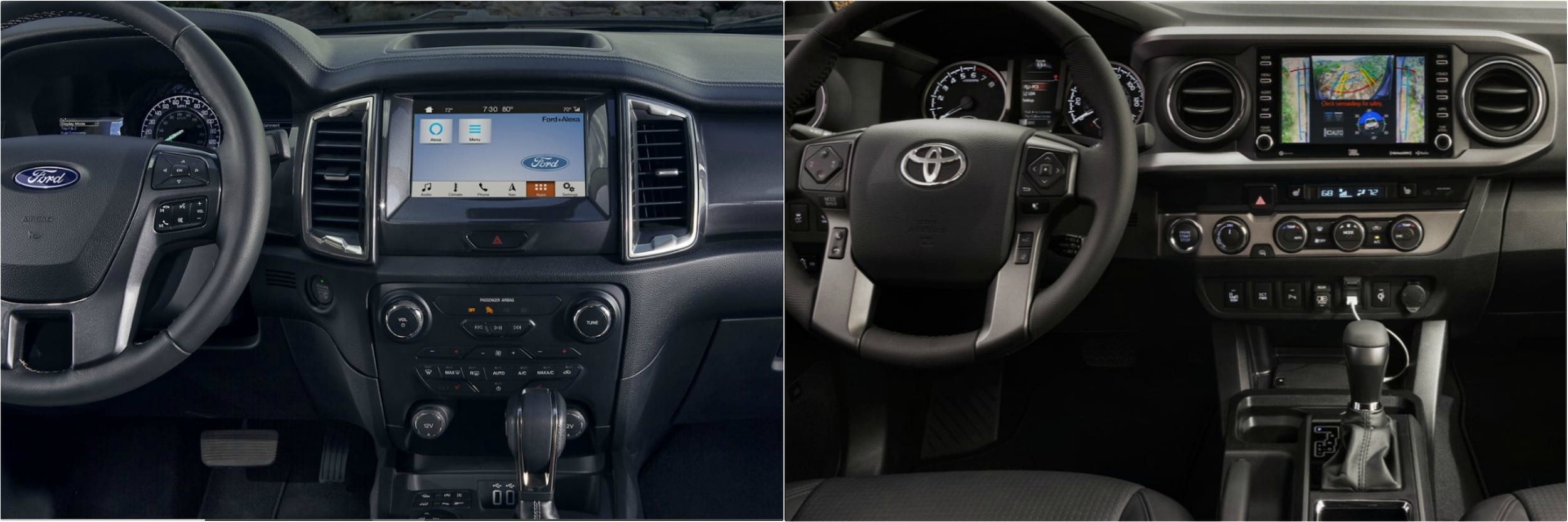 2020-ford-ranger-vs-2020-toyota-tacoma-interior-dashboard.jpg close views of a new Ford Ranger and new Toyota Tacoma interior